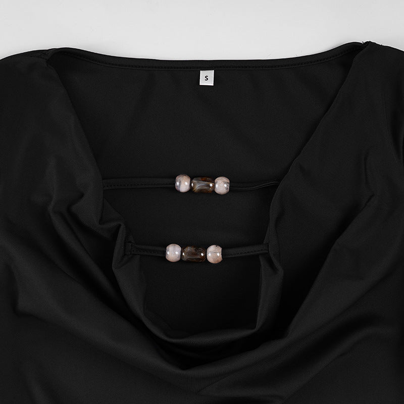 V neck long sleeve beaded solid bodysuit  | Festival Outfits Women