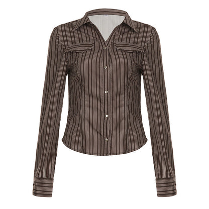 Turnover collar long sleeve striped print button top  | Festival Outfits Women