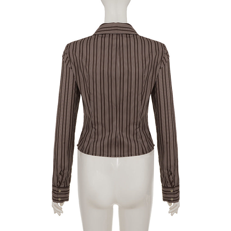 Turnover collar long sleeve striped print button top  | Festival Outfits Women