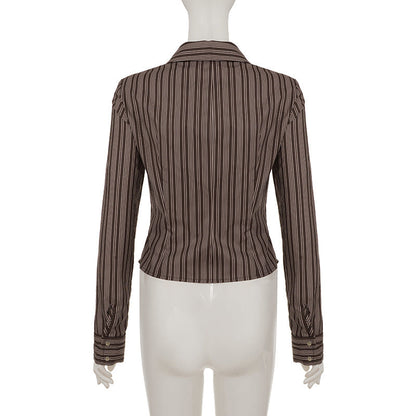 Turnover collar long sleeve striped print button top  | Festival Outfits Women