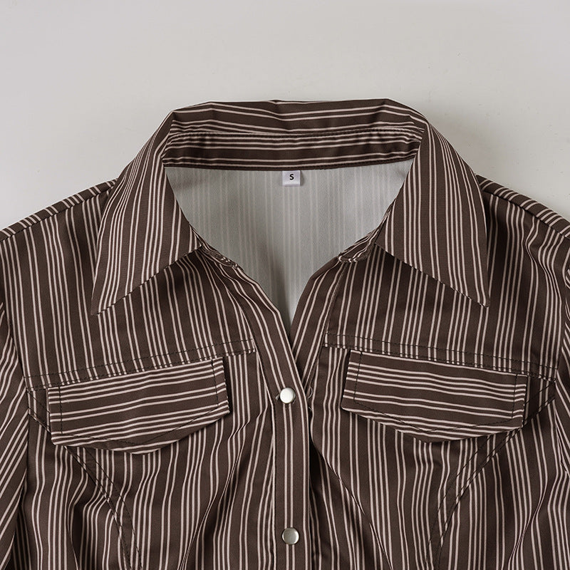 Turnover collar long sleeve striped print button top  | Festival Outfits Women