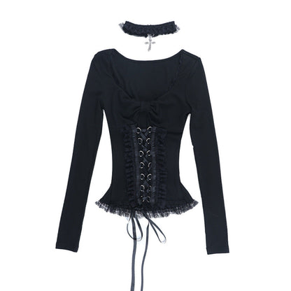 Long sleeve v neck lace hem top  | Festival Outfits Women