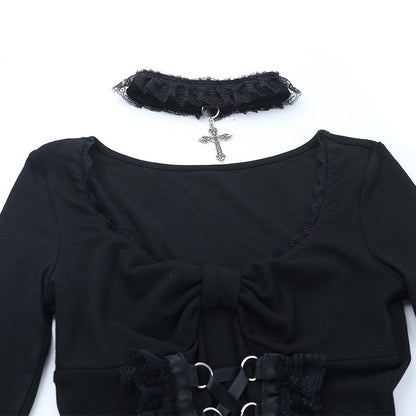 Long sleeve v neck lace hem top  | Festival Outfits Women
