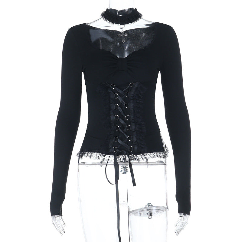 Long sleeve v neck lace hem top  | Festival Outfits Women