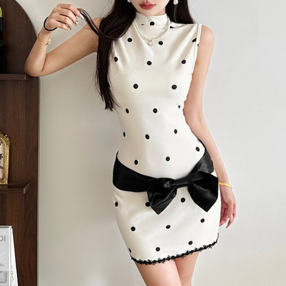 High neck sleeveless polka dot bowknot mini dress  | Festival Outfits Women