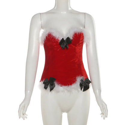 Sweetheart neck bowknot lace up feather top  | Festival Outfits Women