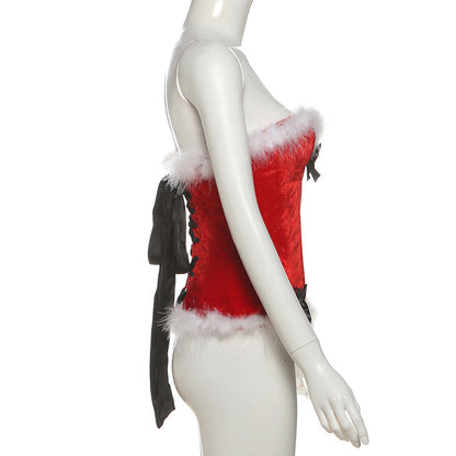 Sweetheart neck bowknot lace up feather top  | Festival Outfits Women