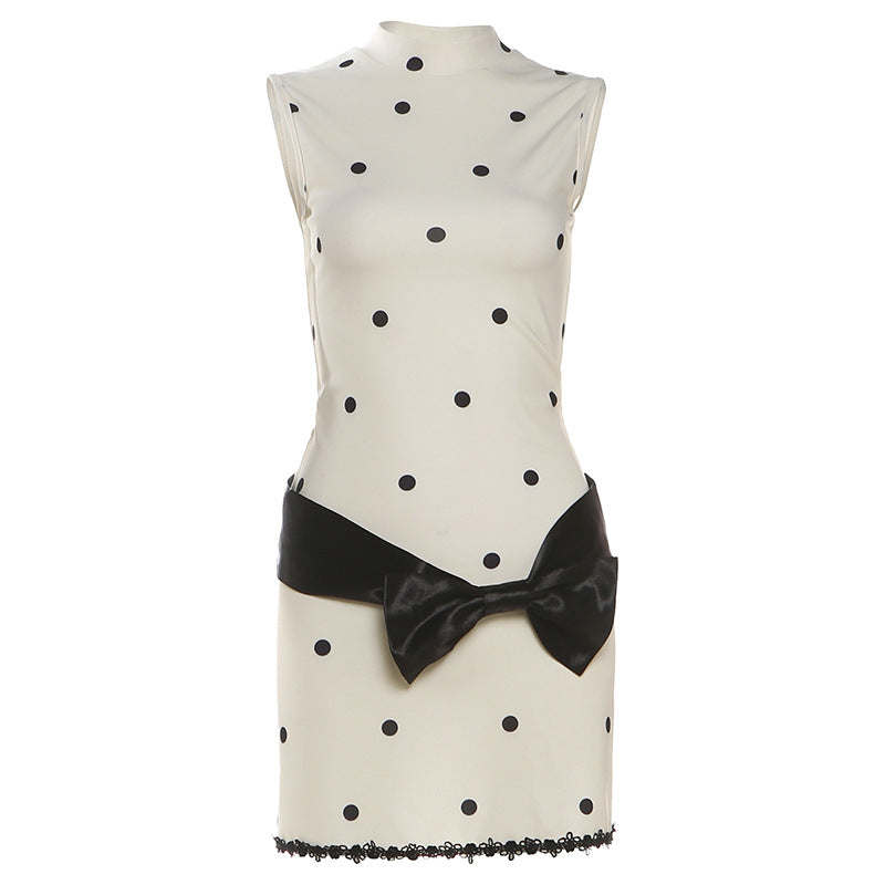 High neck sleeveless polka dot bowknot mini dress  | Festival Outfits Women