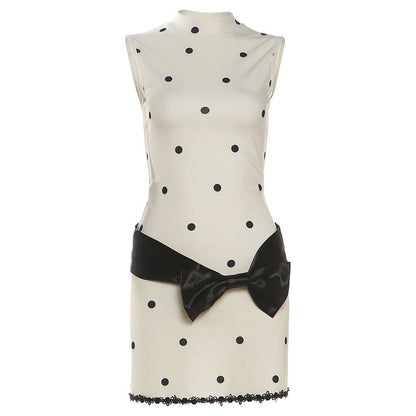 High neck sleeveless polka dot bowknot mini dress  | Festival Outfits Women