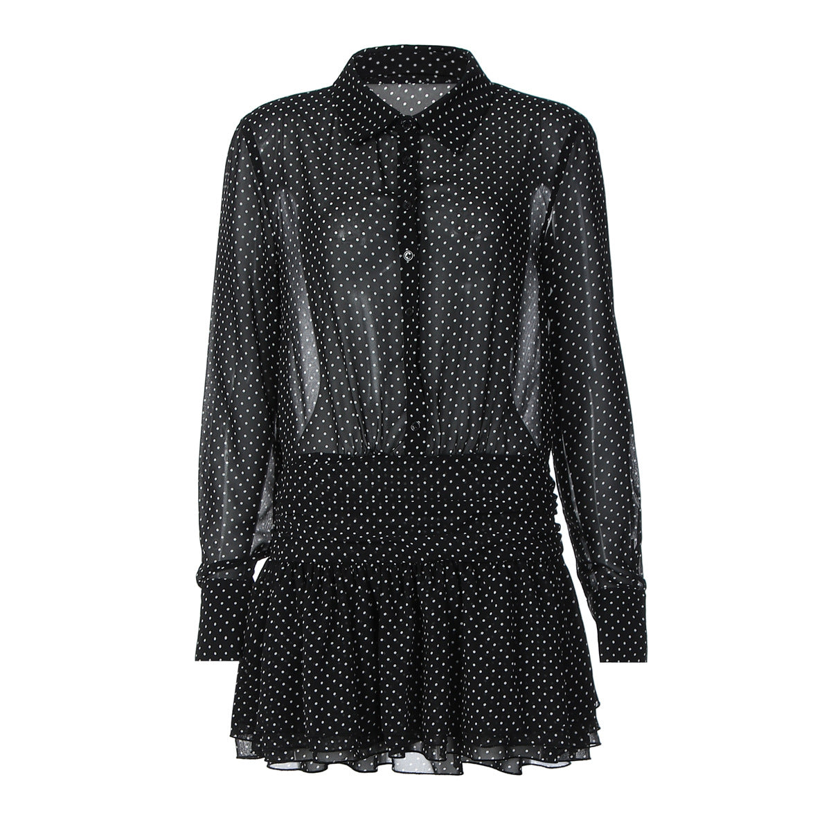 Turnover collar long sleeve button chiffon polka dot mini dress  | Festival Outfits Women