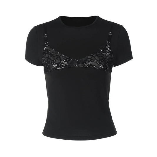 Short sleeve crewneck lace patchwork top  | Festival Outfits Women