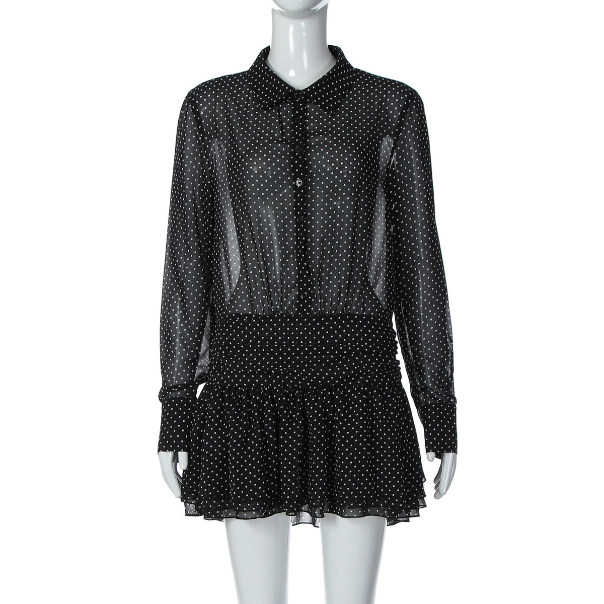 Turnover collar long sleeve button chiffon polka dot mini dress  | Festival Outfits Women