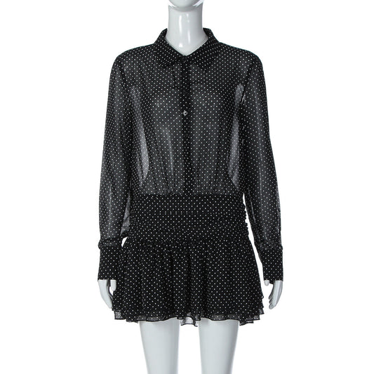 Turnover collar long sleeve button chiffon polka dot mini dress  | Festival Outfits Women