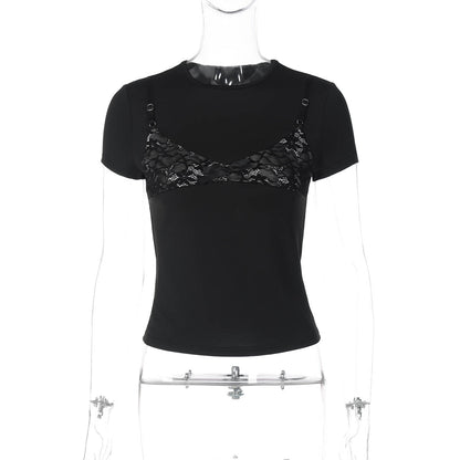 Short sleeve crewneck lace patchwork top  | Festival Outfits Women