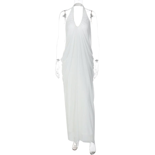 Halter v neck ruched backless mesh maxi dress  | Festival Outfits Women