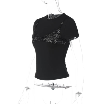 Short sleeve crewneck lace patchwork top  | Festival Outfits Women