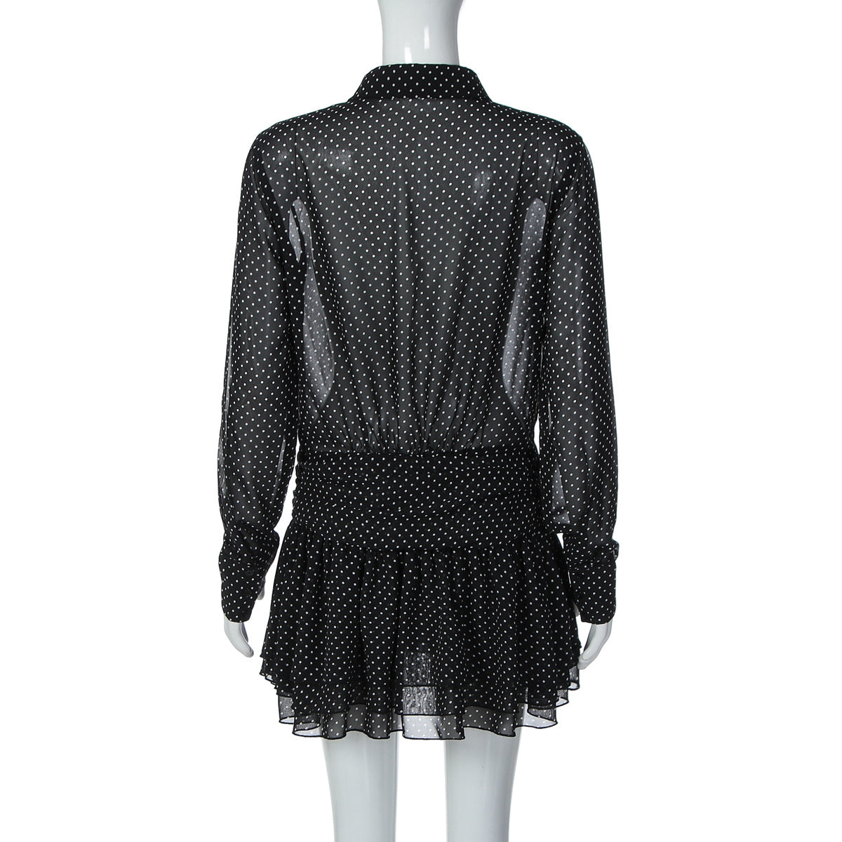 Turnover collar long sleeve button chiffon polka dot mini dress  | Festival Outfits Women
