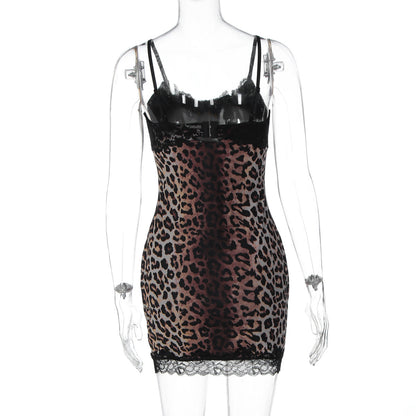 Leopard print v neck lace hem cami mini dress  | Festival Outfits Women  | Leopard Print Mini Dress