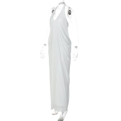 Halter v neck ruched backless mesh maxi dress  | Festival Outfits Women