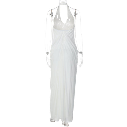 Halter v neck ruched backless mesh maxi dress  | Festival Outfits Women