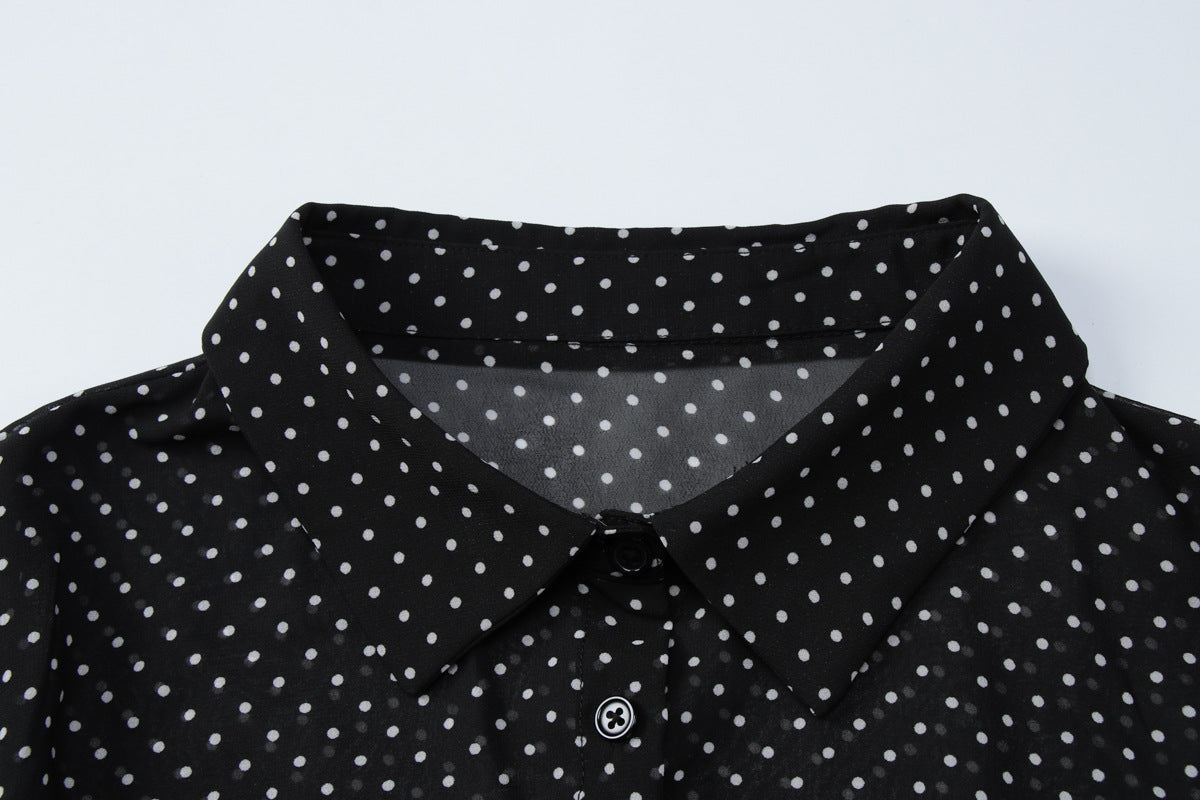 Turnover collar long sleeve button chiffon polka dot mini dress  | Festival Outfits Women