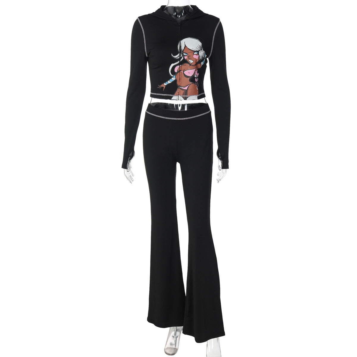 Long sleeve hoodie pattern zip-up pant set  | Festival Outfits Women