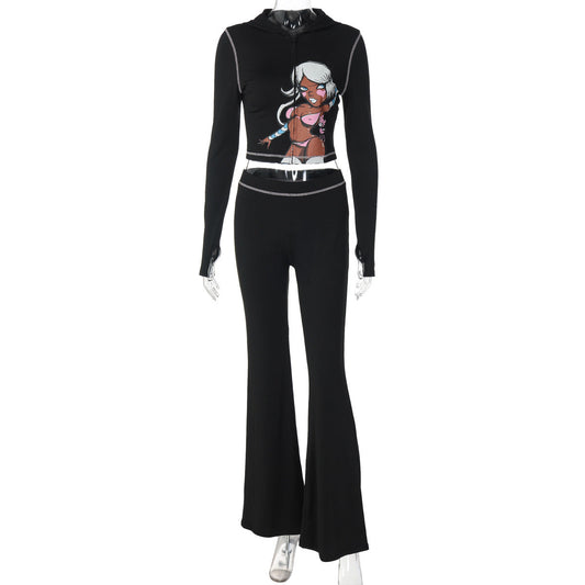 Long sleeve hoodie pattern zip-up pant set  | Festival Outfits Women