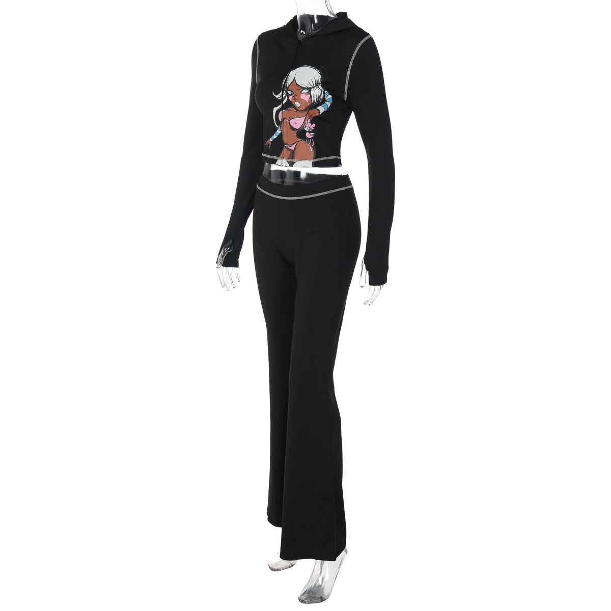 Long sleeve hoodie pattern zip-up pant set  | Festival Outfits Women