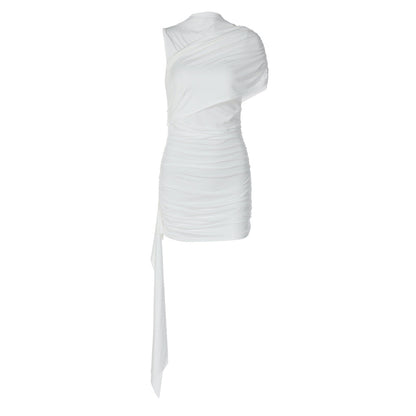 Ruched one shoulder solid high neck mini dress  | Festival Outfits Women