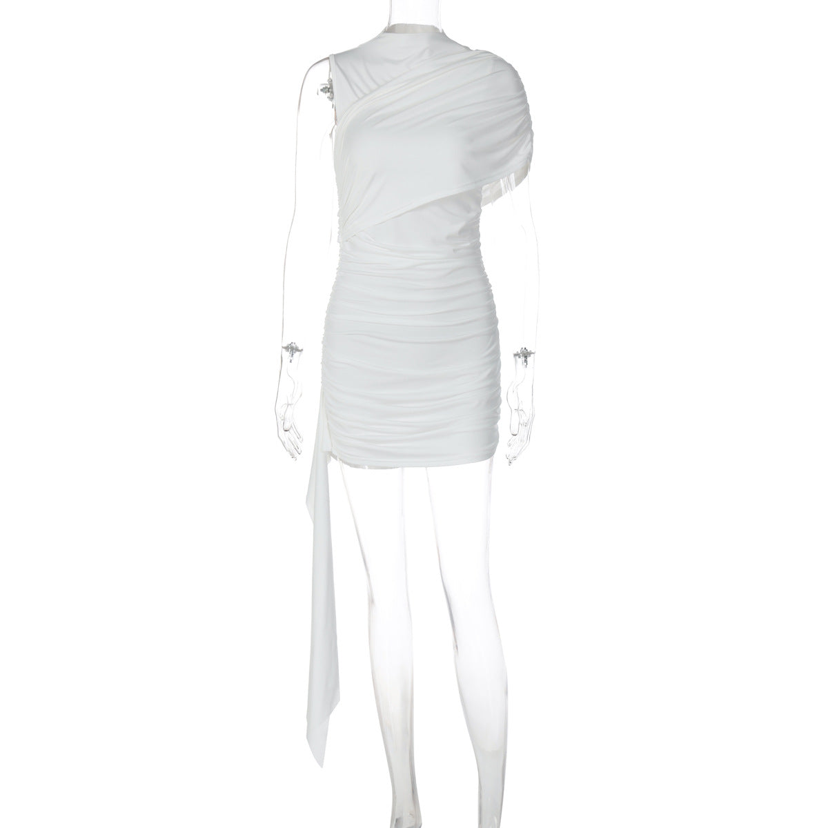 Ruched one shoulder solid high neck mini dress  | Festival Outfits Women