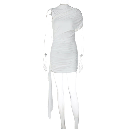 Ruched one shoulder solid high neck mini dress  | Festival Outfits Women