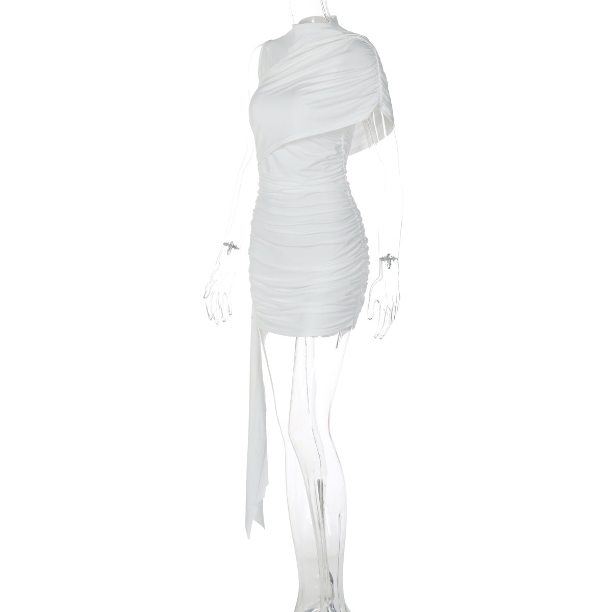 Ruched one shoulder solid high neck mini dress  | Festival Outfits Women