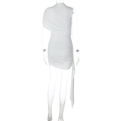 Ruched one shoulder solid high neck mini dress  | Festival Outfits Women