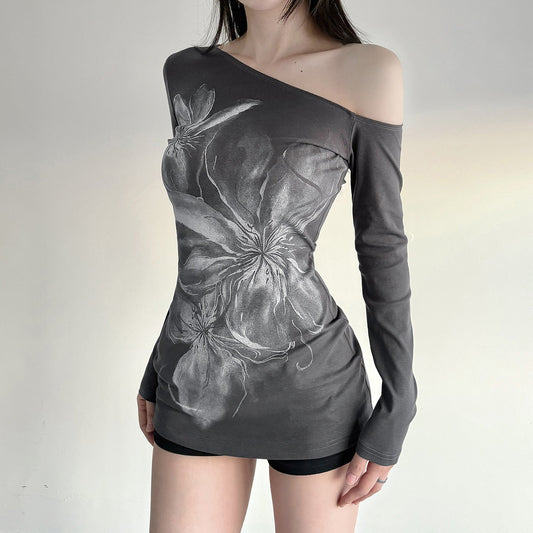 One shoulder long irregular sleeve flower print top  | Festival Outfits Women