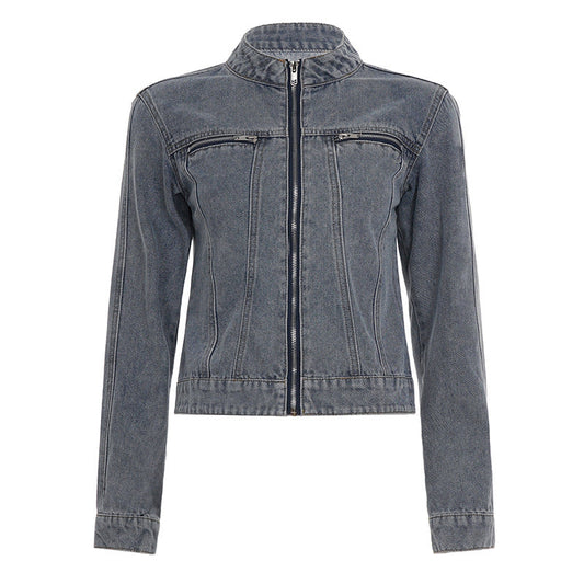 Crewneck zip-up long sleeve denim top  | Festival Outfits Women