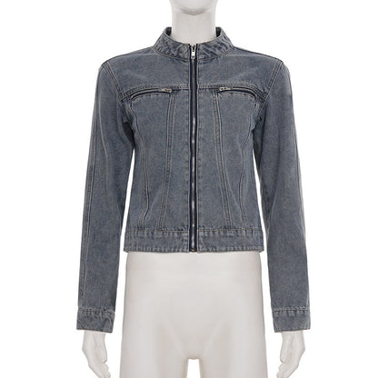 Crewneck zip-up long sleeve denim top  | Festival Outfits Women