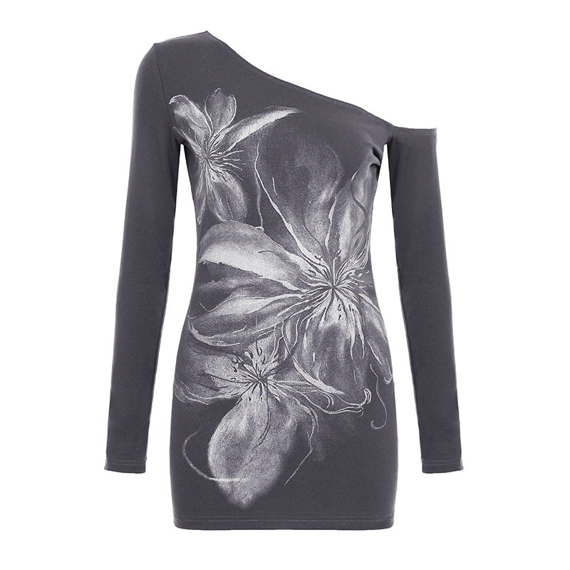 One shoulder long irregular sleeve flower print top  | Festival Outfits Women