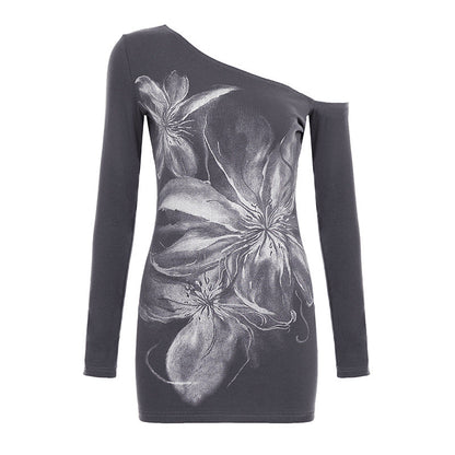One shoulder long irregular sleeve flower print top  | Festival Outfits Women
