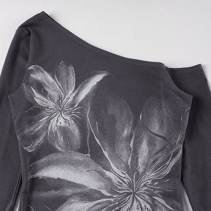 One shoulder long irregular sleeve flower print top  | Festival Outfits Women