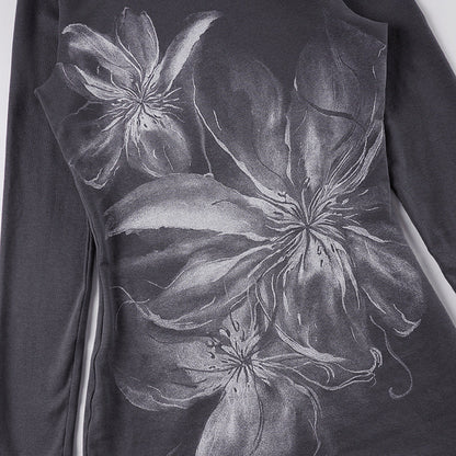 One shoulder long irregular sleeve flower print top  | Festival Outfits Women