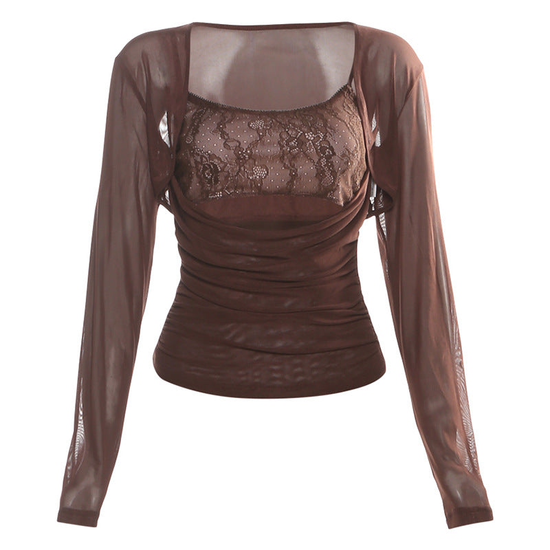 Long sleeve hollow out ruched u neck 2 piece cut out top  | Festival Outfits Women