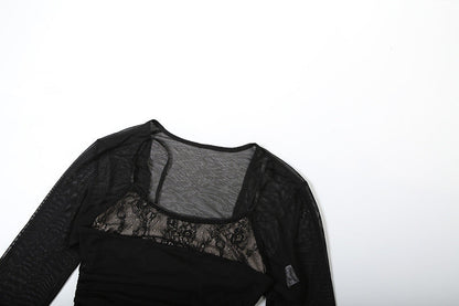 Long sleeve hollow out ruched u neck 2 piece cut out top  | Festival Outfits Women