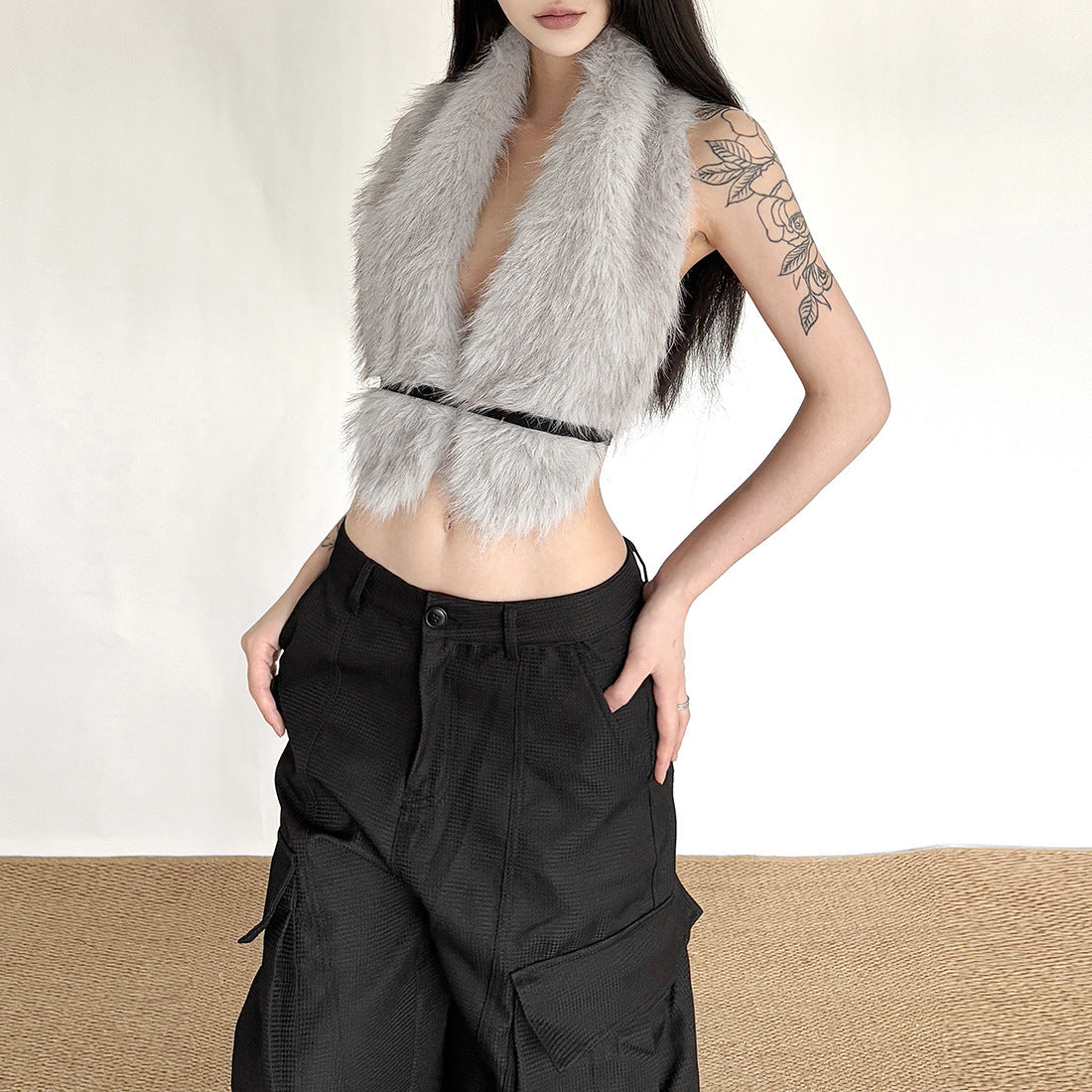 Halter self tie fluffy deep v neck top  | Festival Outfits Women