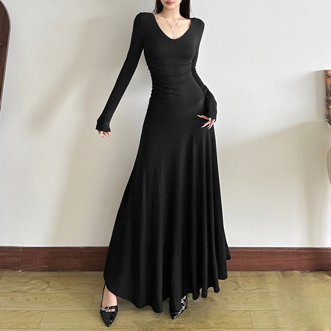 Long sleeve v neck solid maxi dress  | Festival Outfits Women