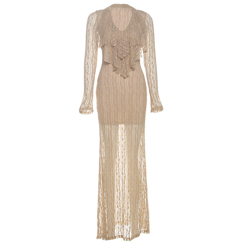 Long sleeve v neck lace solid maxi dress  | Festival Outfits Women