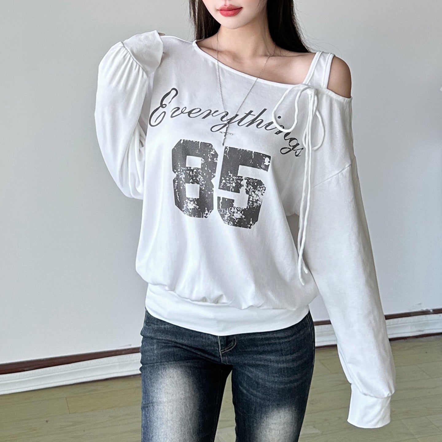 Irregular long sleeve letter pattern self tie top  | Festival Outfits Women