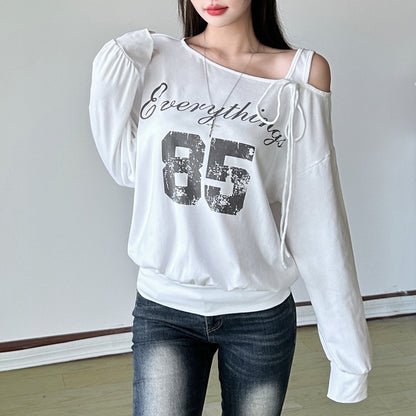 Irregular long sleeve letter pattern self tie top  | Festival Outfits Women