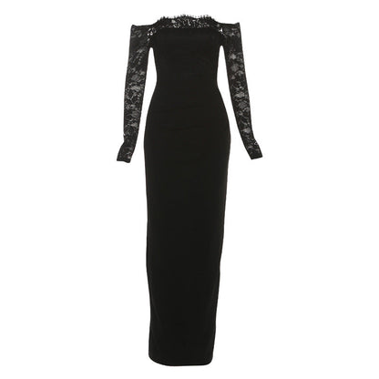 Lace long sleeve off shoulder pleated maxi dress  | Festival Outfits Women