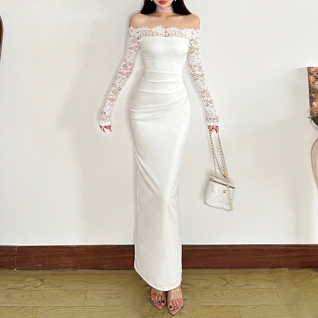 Lace long sleeve off shoulder pleated maxi dress  | Festival Outfits Women