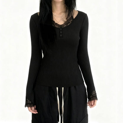 Long sleeve lace hem v neck solid top  | Festival Outfits Women